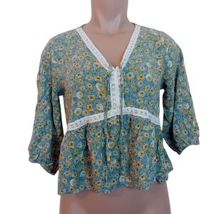 Y2K Women's Vanilla Star Boho Bohemian Cottage Core Peasant Flowy Blouse Lace M